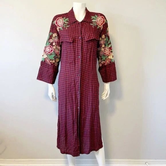 Zara trf Duster Tunic Dress Red Navy Plaid Embroidered Floral Belted size XS - Picture 8 of 14